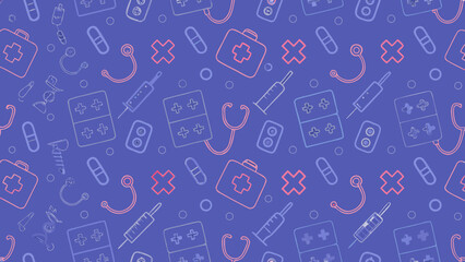 Seamless medical pattern with healthcare symbols on a blue background