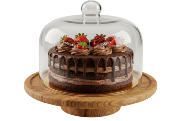 Chocolate cake with strawberries under glass dome isolated on transparent background