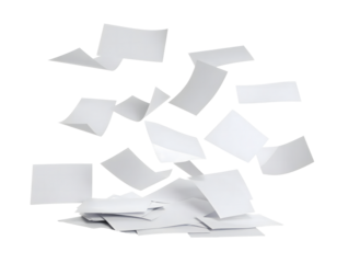 White paper sheets falling, symbolizing financial crisis, paperwork overload, or creative ideas taking flight