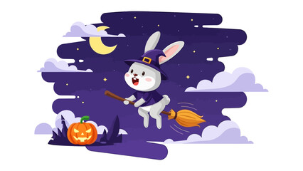 Halloween Bunny's Night Flight: A whimsical bunny, clad in a witch's hat, zips across the moonlit night sky on a broom, evoking the spooky, magical charm of Halloween. Beside a glowing pumpkin.
