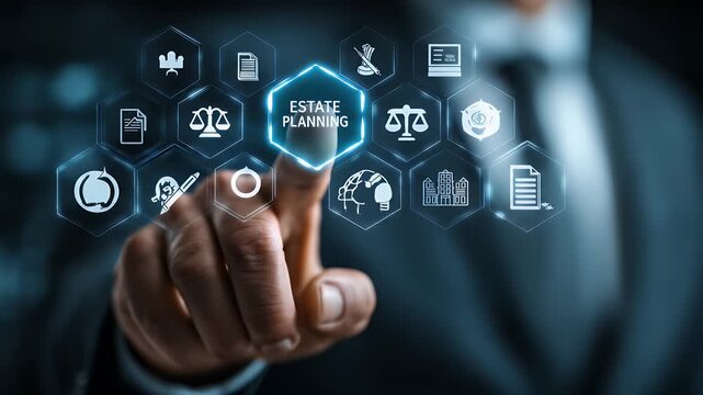 Businessman Touches Glowing Hexagonal Icon Estate Planning on Dark Background