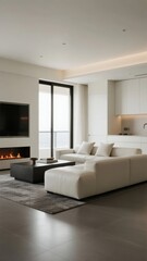 Modern minimalist living room with white sectional sofa, fireplace, and large windows