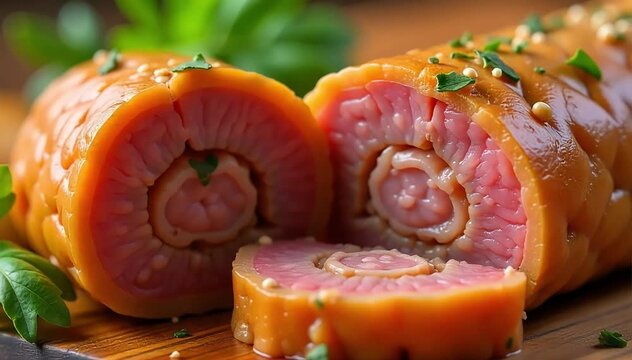 Close up of frikandel sliced open showing juicy minced meat inside with herbs mixed 