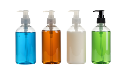 Four bottles of liquid soap with pumps isolated on transparent background