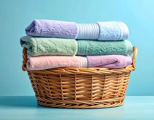 Wicker basket holding a neatly folded stack of pastel colored towels