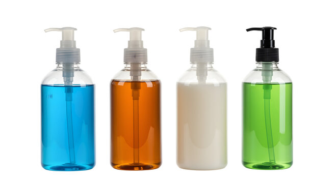 Four bottles of liquid soap with pumps isolated on transparent background