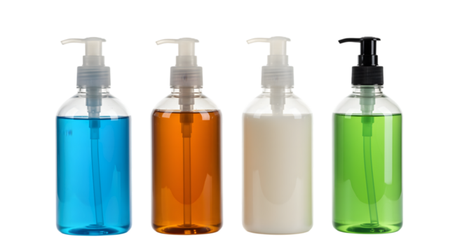 Four bottles of liquid soap with pumps isolated on transparent background