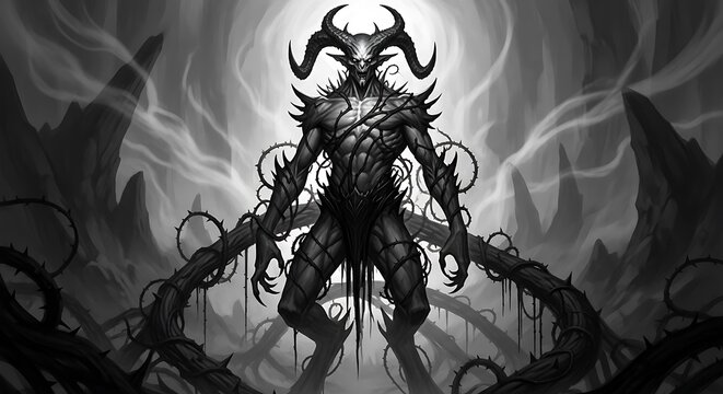 Dark and Powerful Demon Figure in a Grayscale Illustration. - Powered by Adobe