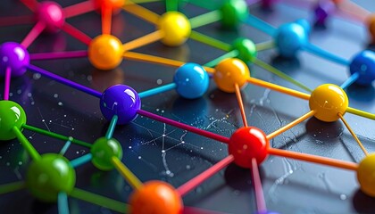 A vibrant, close-up depiction of colorful spheres interconnected by lines, forming a complex network against a dark, starry background