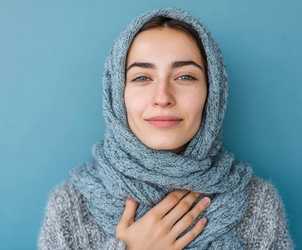 A woman with a light-gray knitted scarf, a soft smile, and a warm, inviting expression in front of a pale blue backdrop.