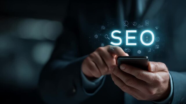 Businessman Using Smartphone With Glowing SEO Letters