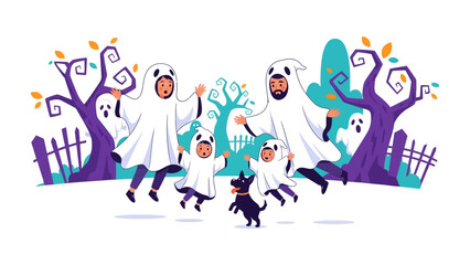 Halloween Family Fun: A family dressed as friendly ghosts, full of festive spirit and camaraderie, celebrates Halloween with a playful and delightful interaction against a backdrop of whimsical trees.