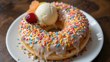 Donut topped with colorful sprinkles, ice cream, and fruit garnish.