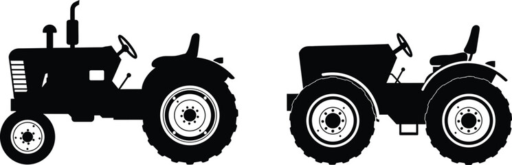 Two vintage tractors in silhouette side view agricultural machinery design © mst