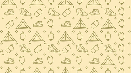 Obraz premium Beige background with repeating tent, shoe, bottle, and lantern outline drawings and star accents