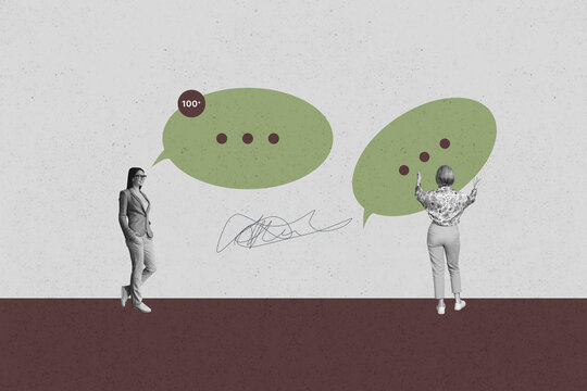 Collage with person surrounded by message bubbles symbolizing chatting communication online interaction business