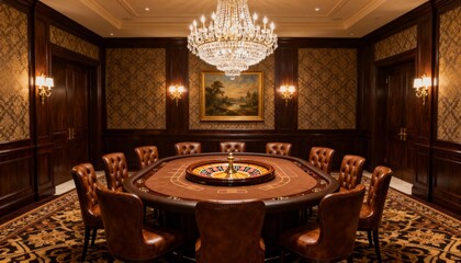 Wide shot of a luxurious, classic casino room