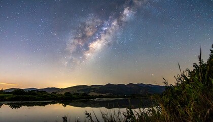 Milky Way Over Calm Lake Landscape.