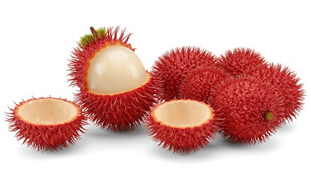 Red spiky rambutan fruit cut open showing white flesh and seeds tropical
