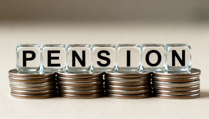 Financial concept showing PENSION on transparent glass cubes arranged with  coins