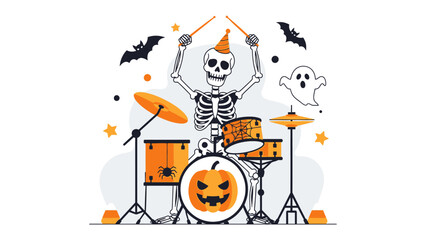 Skeleton drummer illustration: A lively skeleton plays the drum set adorned with Halloween decoration, complete with bat and ghost, captured in an illustration of seasonal cheer.