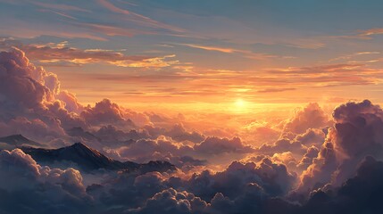 Majestic golden hour spectacle unfolding above a boundless sea of clouds, with distant mountain ranges touched by the warm, ethereal glow of sunrise or sunset