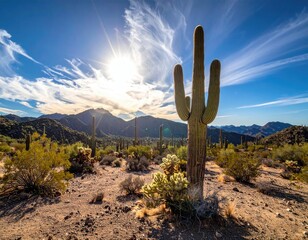 Arizona Desert Landscape with Saguaro Cactus Under Bright Sun and Blue Sky Scenic Vista