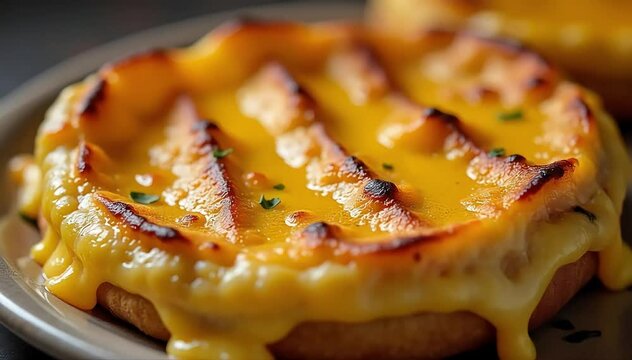 Close up of grilled arepas with visible char marks and melted cheese oozing out 