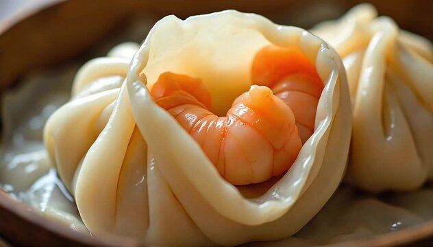 Close up of har gow showing juicy shrimp filling wrapped tightly in delicate thin dough 