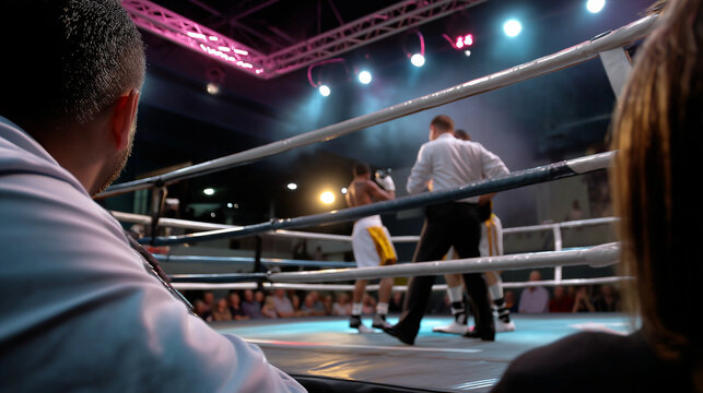 Referee in frame: watching closely as the knockout punch lands, audience in shadows.