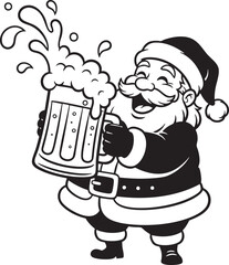 Jolly Santa Claus Toasting with Overflowing Beer Mug – Black & White Christmas Vector Illustration