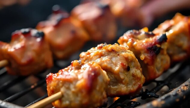 Close up of juicy anticucho meat coated in spicy marinade and grilling on skewers 