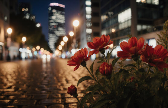Red flowers in foreground of nighttime cityscape with bokeh