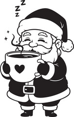 Sleepy Santa Claus Holding Giant Mug of Hot Coffee – Black & White Christmas Vector Illustration
