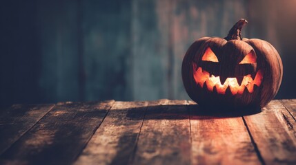 ominous. Carved Halloween pumpkin emitting an eerie orange glow, placed on weathered wooden planks for a spooky effect. event programs.