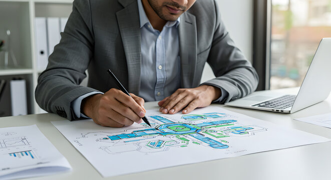 A man in a suit is drawing a blueprint for digital design, illustration, visual communication, or stock photography