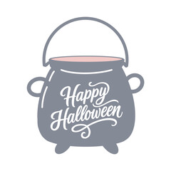 A cute illustration of a witchs cauldron with Happy Halloween lettering. Logo and emblem in pastel gray and pink colors. Clipart isolated on a white background.