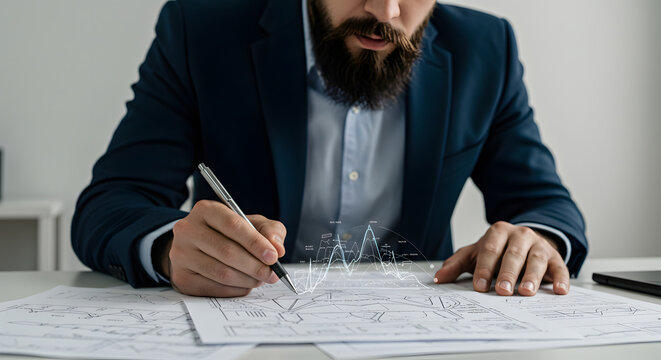 A man in a suit is drawing a house for digital design, illustration, visual communication, or stock photography