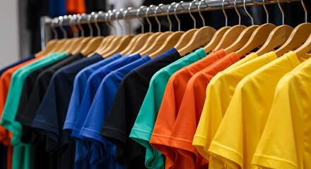 Obraz premium Row of colorful t-shirts hanging on wooden hangers clothing apparel