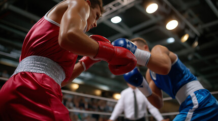 Medium shot: boxer in red trunks connecting with boxer in blue trunks, referee blurred.