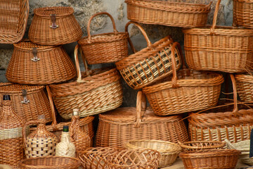 A beautiful collection of handmade wicker baskets at a traditional market, Handmade Craft
