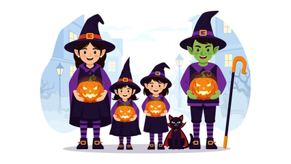 Halloween Family Gathering: A heartwarming gathering of a family in whimsical Halloween costumes. Smiling faces and glowing pumpkins. A perfect Halloween memory.