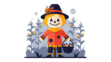 Halloween Scarecrow Illustration: A festive illustration of a friendly scarecrow in a field of corn stalks, with a jack-o'-lantern on its hat.