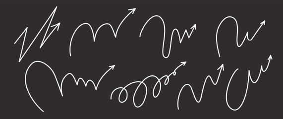Bounce, quirky squiggly arrow lines with spiral and twist designs. Playful jump hand drawn elements. Includes ball motion paths for sports. Vector illustration isolated