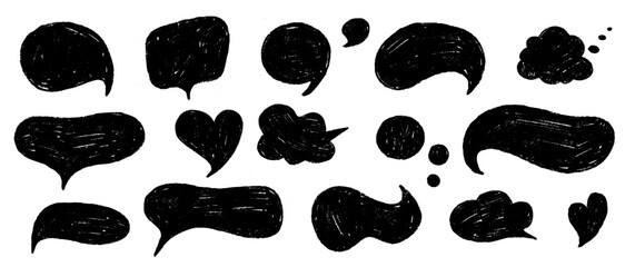 Playful crayon speech dialog text frames. Hand sketched Chalkboard box bubbles. Abstract chat Stickers and pencil clouds. Vector illustration