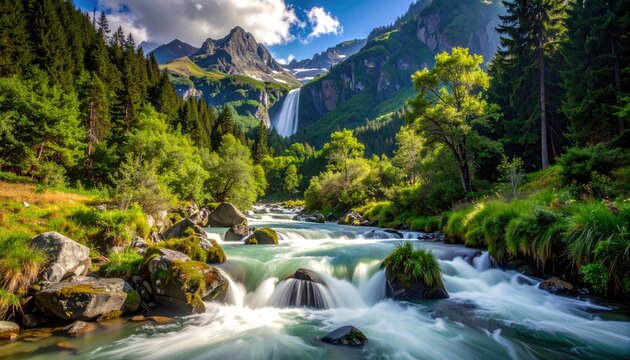 Lush Green Mountain Landscape with Turquoise River and Cascading Waterfall Serene Nature Scene with Rocky Outcrops and Vibrant Vegetation in Sunlight