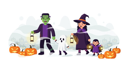 Halloween Family Gathering: A group of playfully dressed family members, consisting of a witch, a Frankenstein, a vampire, and ghost joyfully gather, with bright jack-o'-lanterns scattered around.