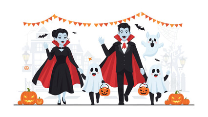 Spooky Halloween: A family of vampires and ghosts enjoys the Halloween night!