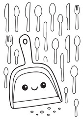 coloring book cute dustpan cleaning crumbs with background of many utensils line art for kids