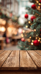 Rustic Wooden Table with Christmas Tree and Bokeh Background